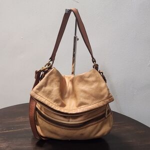 Fossil Explorer Leather Tote Crossbody Shoulder Bag Fold Over Tan Boho Large